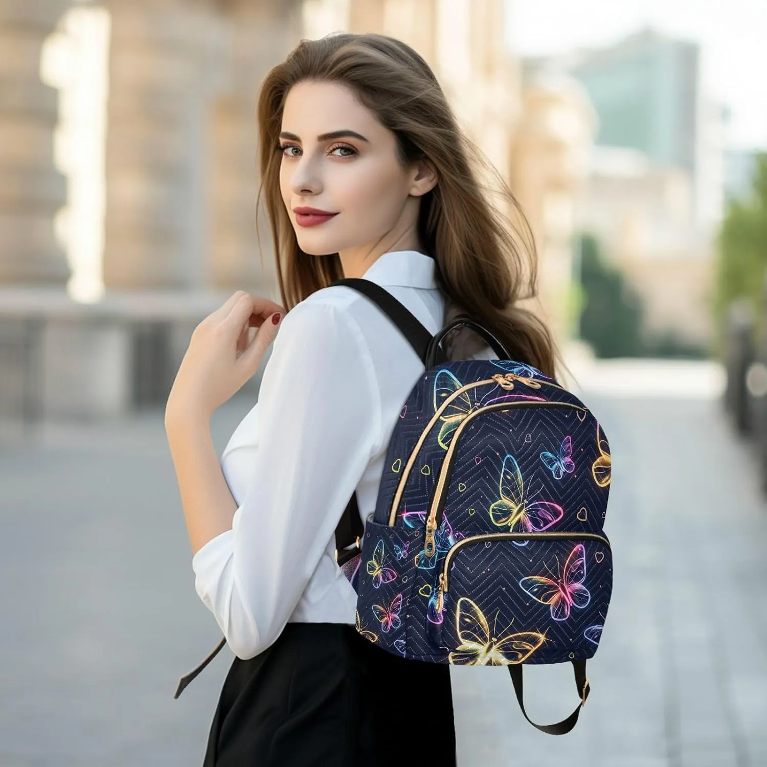 ALAZA Cute Neon Flying Butterflies Mini Backpack Purse for Women Travel Bag Lightweight Shoulder Bag Fashion Daypack