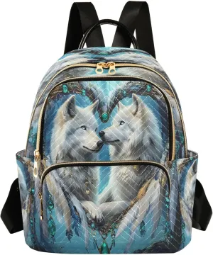 ALAZA Dreamcatcher White Wolf Mini Backpack Purse for Women Travel Bag Lightweight Shoulder Bag Fashion Daypack