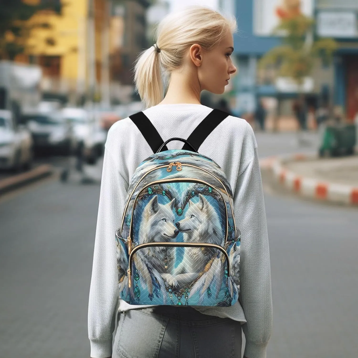 ALAZA Dreamcatcher White Wolf Mini Backpack Purse for Women Travel Bag Lightweight Shoulder Bag Fashion Daypack