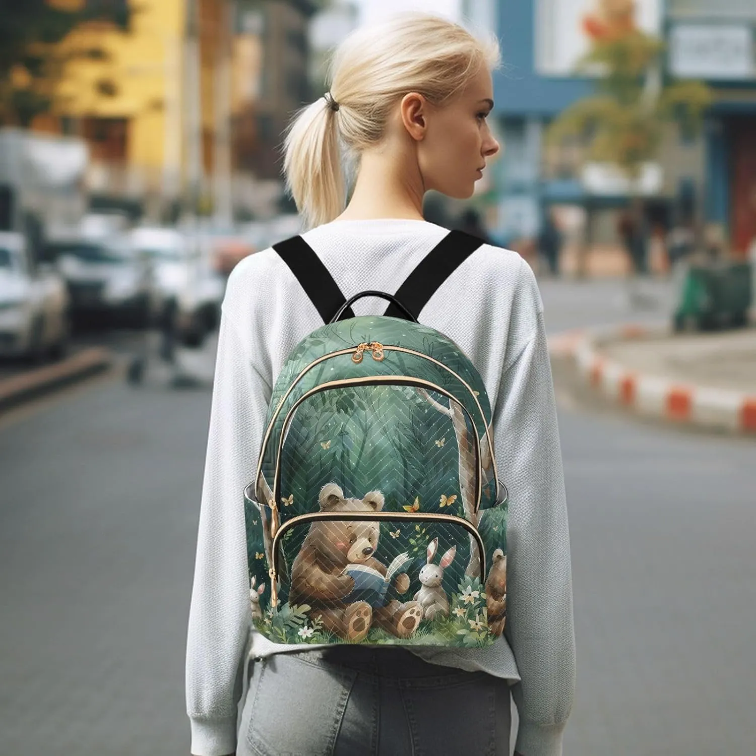 ALAZA Forest Animals Reading Small Backpack Purse for Women Travel Bag Lightweight Shoulder Bag Fashion Daypack356