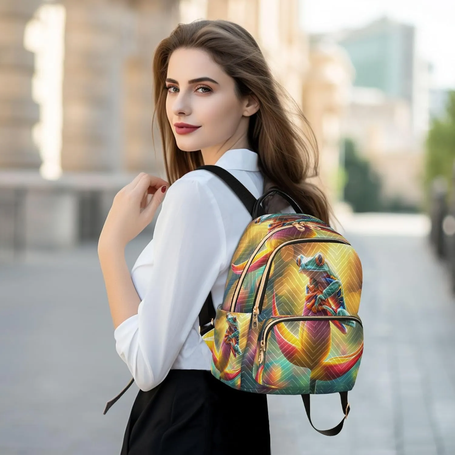 ALAZA Frog on Flower Women Backpack Purse Ladies Fashion Shoulder Bag Daypack Travel Bag 7.5L