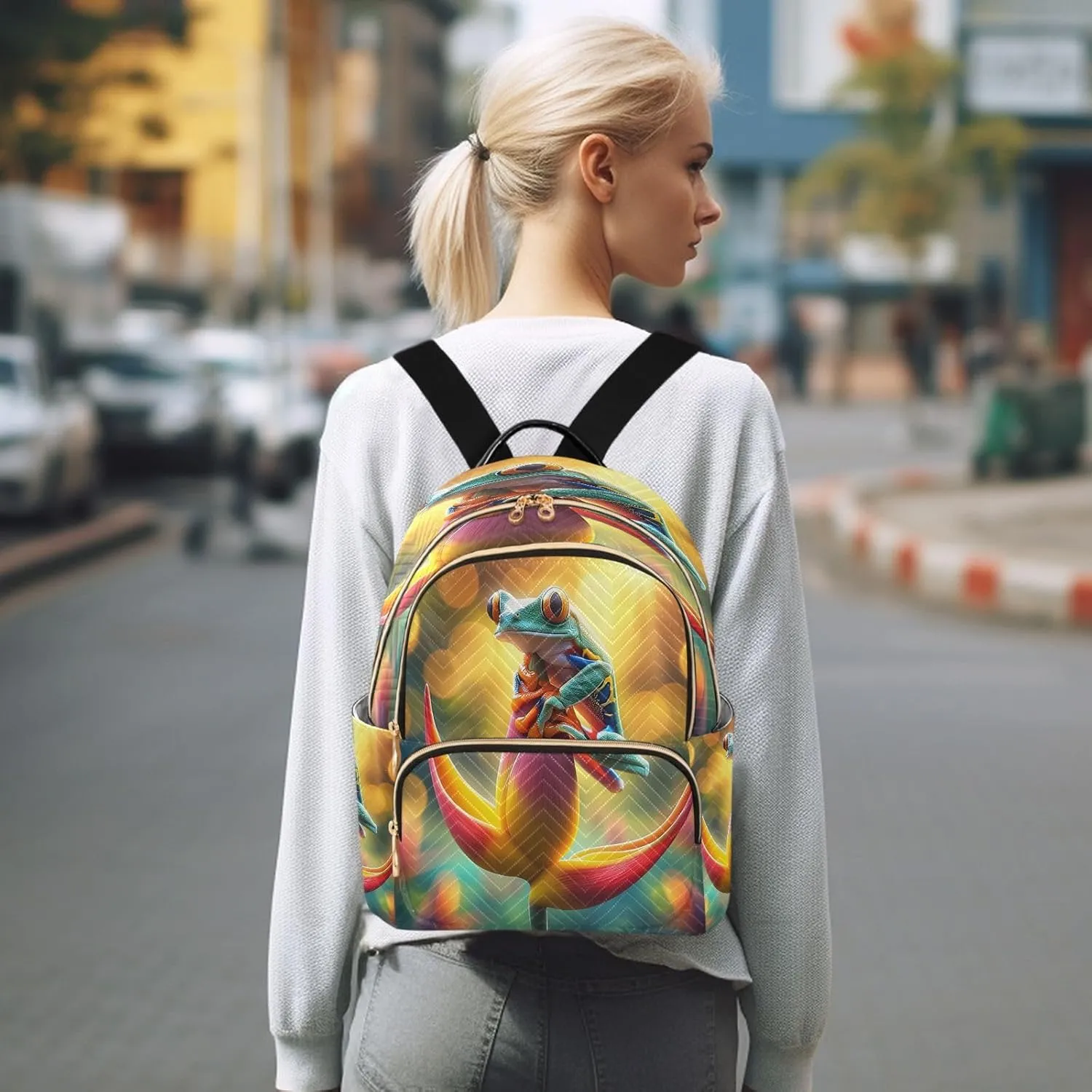 ALAZA Frog on Flower Women Backpack Purse Ladies Fashion Shoulder Bag Daypack Travel Bag 7.5L