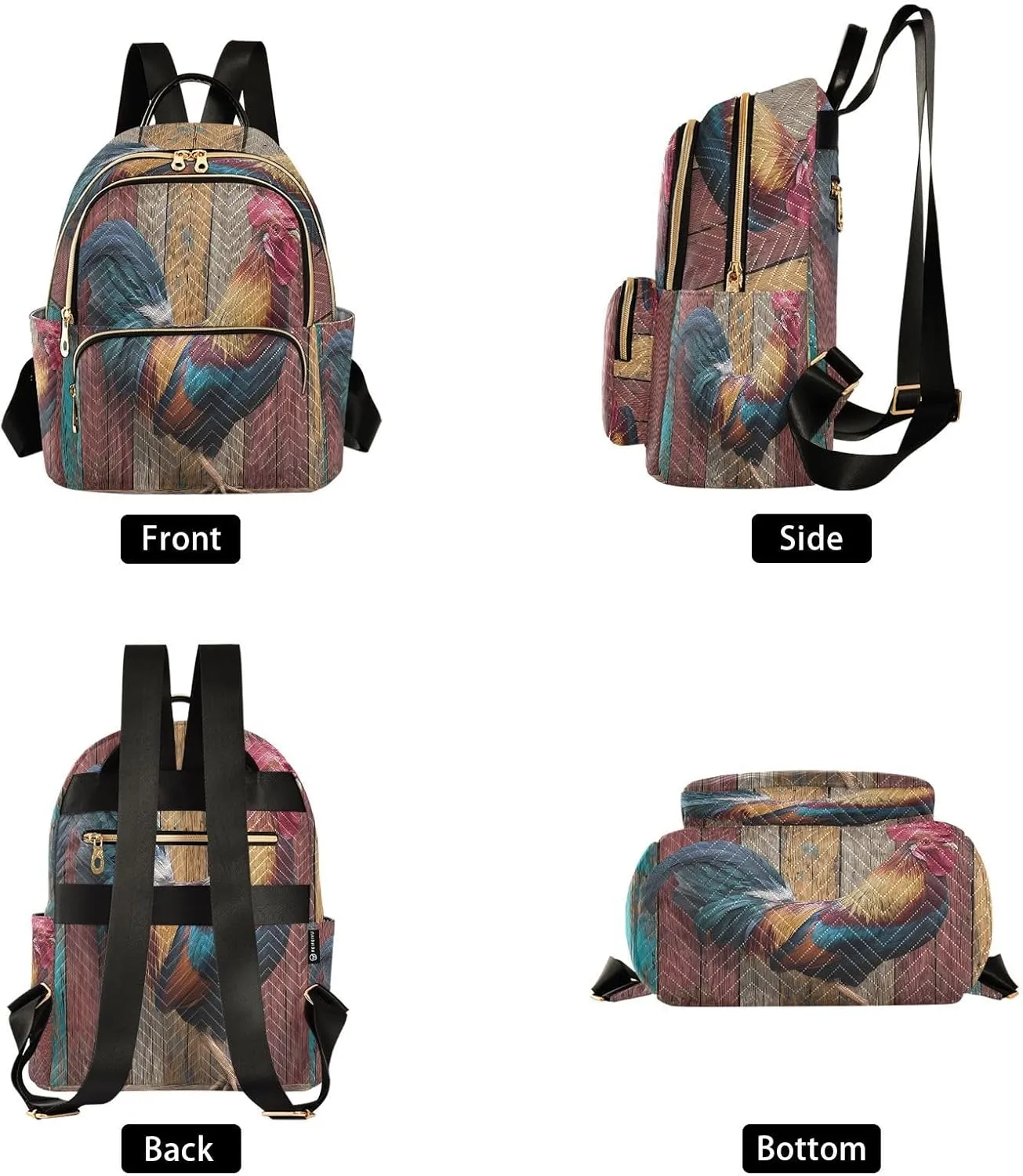 ALAZA Funny Rooster Wood Colorful Women Backpack Purse Ladies Fashion Shoulder Bag Daypack Travel Bag 7.5L