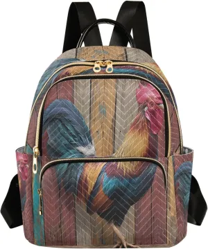ALAZA Funny Rooster Wood Colorful Women Backpack Purse Ladies Fashion Shoulder Bag Daypack Travel Bag 7.5L