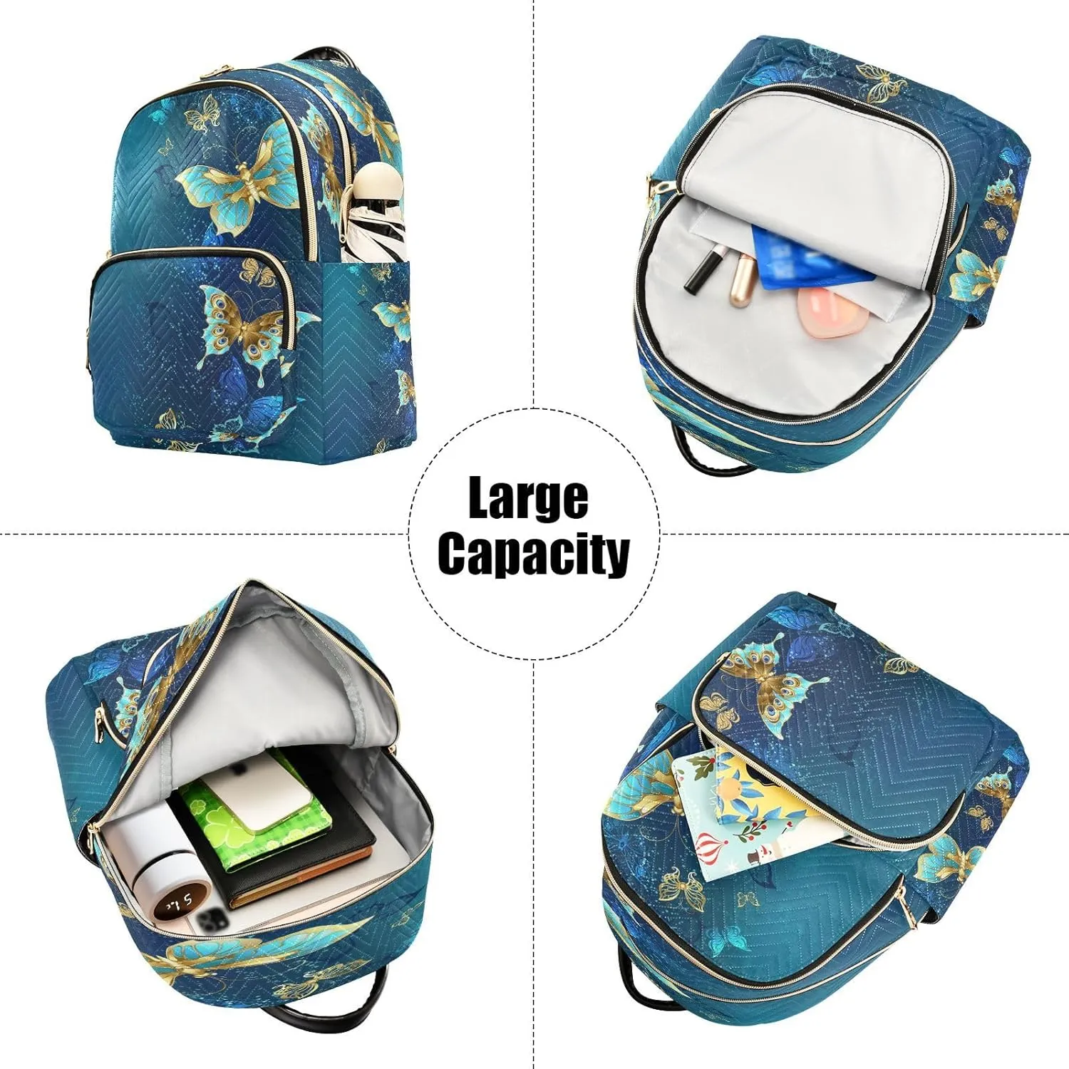 ALAZA Gold Butterflies Blue Women Backpack Purse Ladies Fashion Shoulder Bag Daypack Travel Bag 7.5L