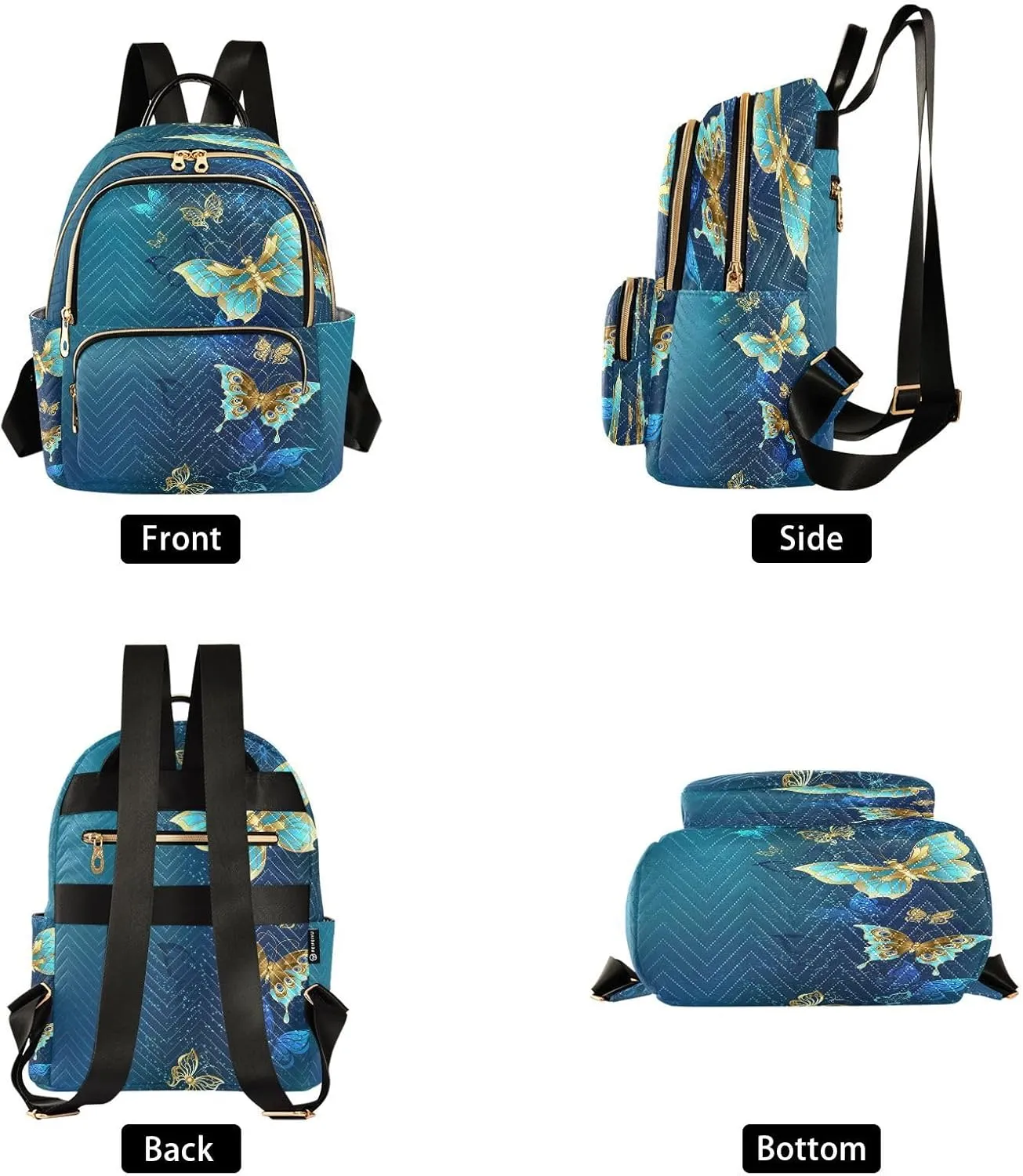 ALAZA Gold Butterflies Blue Women Backpack Purse Ladies Fashion Shoulder Bag Daypack Travel Bag 7.5L