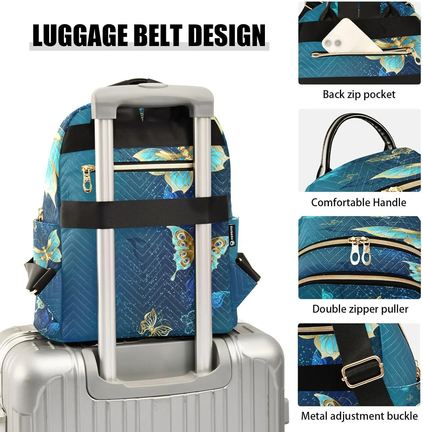 ALAZA Gold Butterflies Blue Women Backpack Purse Ladies Fashion Shoulder Bag Daypack Travel Bag 7.5L
