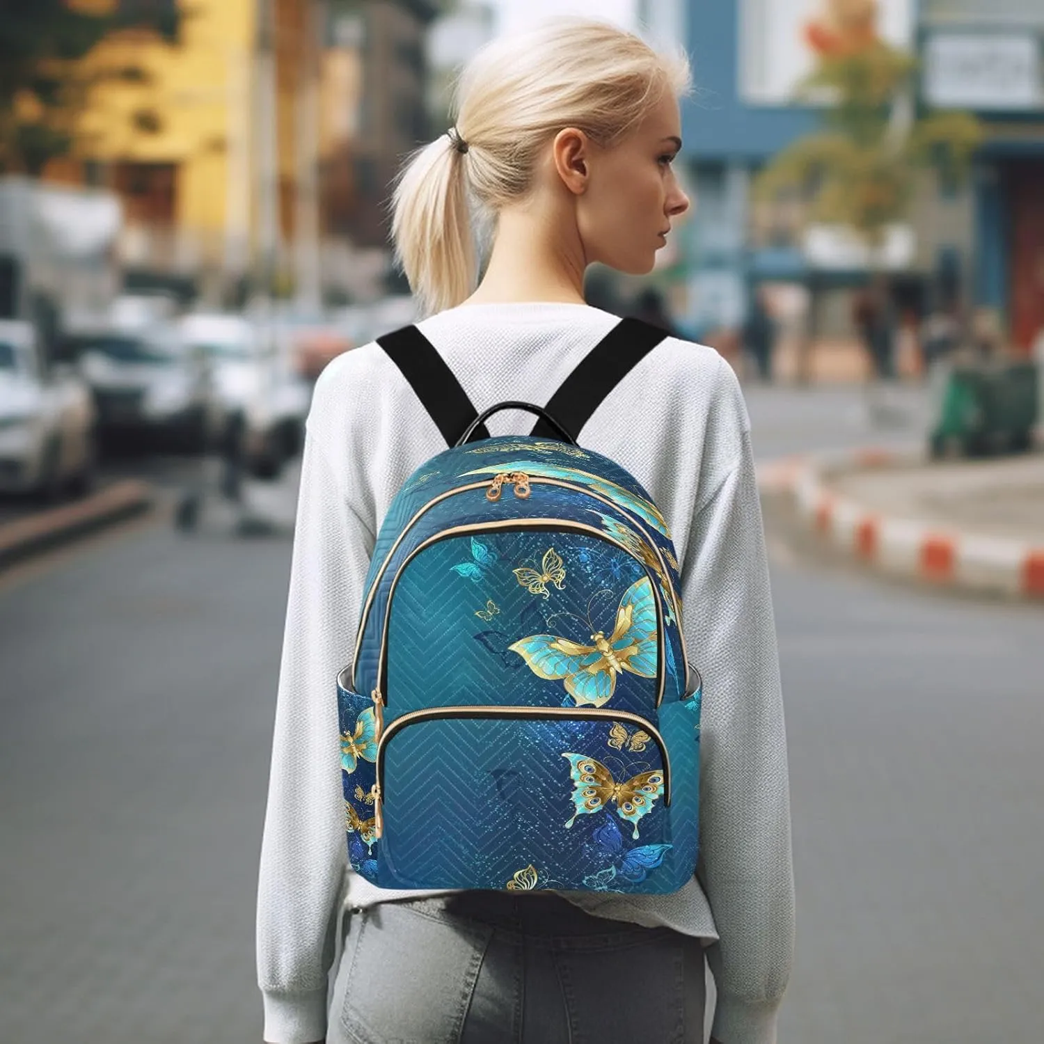 ALAZA Gold Butterflies Blue Women Backpack Purse Ladies Fashion Shoulder Bag Daypack Travel Bag 7.5L