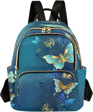 ALAZA Gold Butterflies Blue Women Backpack Purse Ladies Fashion Shoulder Bag Daypack Travel Bag 7.5L