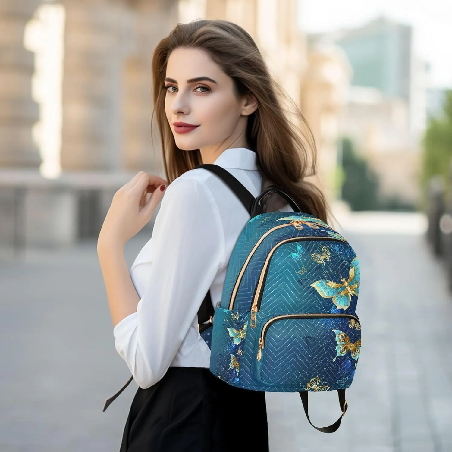 ALAZA Gold Butterflies Blue Women Backpack Purse Ladies Fashion Shoulder Bag Daypack Travel Bag 7.5L