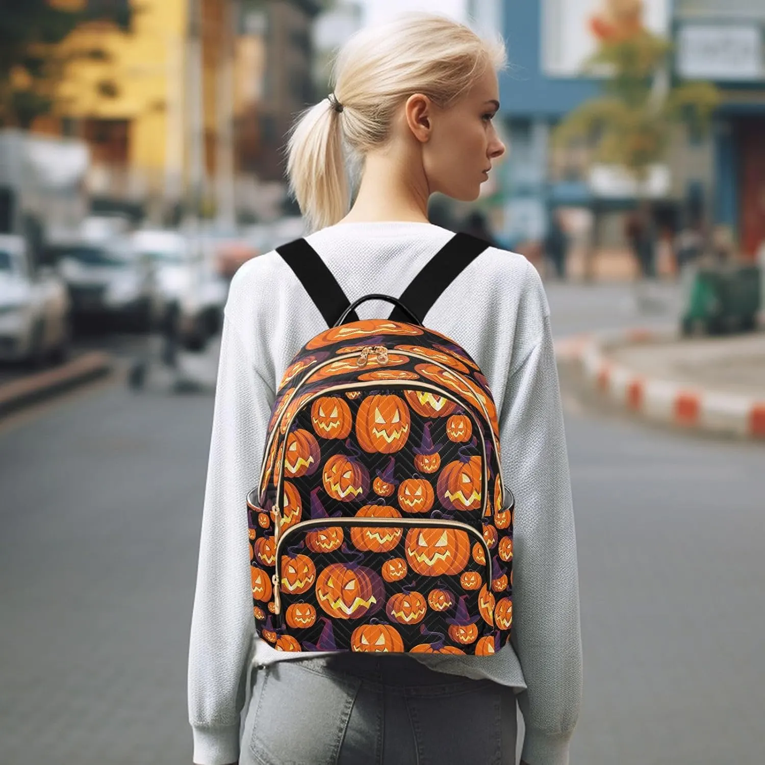 ALAZA Halloween Pumpkins Face Women Backpack Purse Ladies Fashion Shoulder Bag Daypack Travel Bag 7.5L