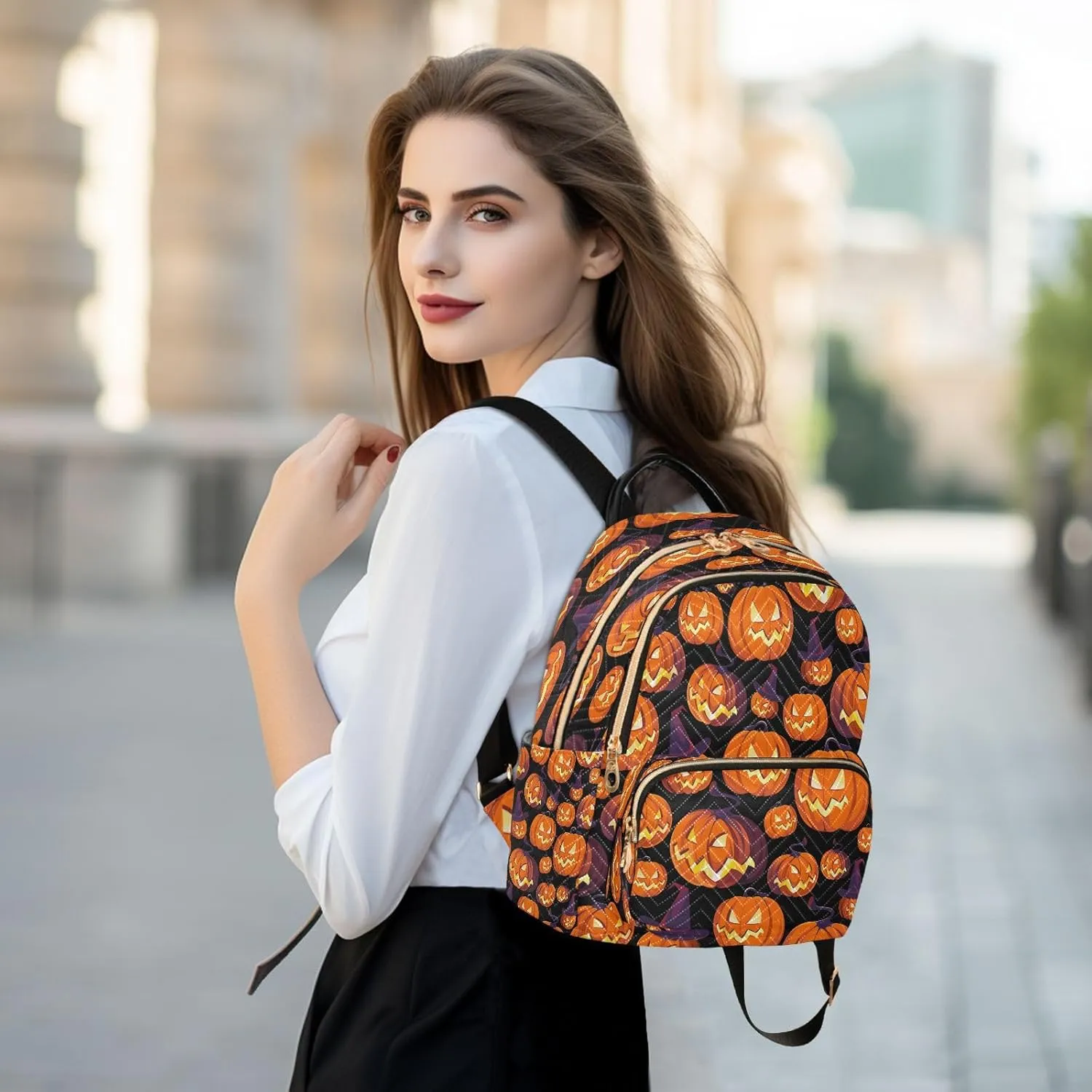 ALAZA Halloween Pumpkins Face Women Backpack Purse Ladies Fashion Shoulder Bag Daypack Travel Bag 7.5L