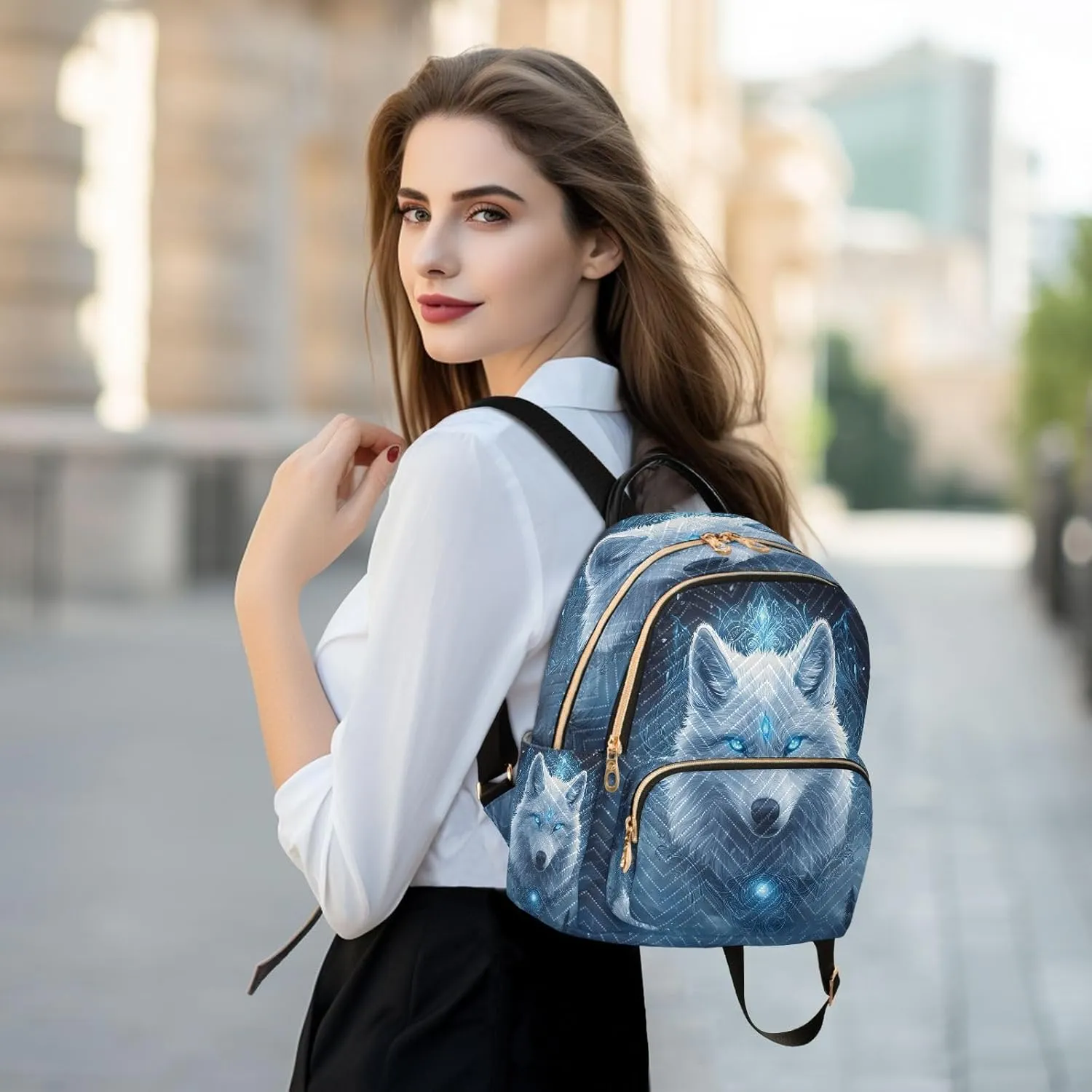 ALAZA Mini Backpack for Women Fantasy Blue Eyes Wolf Travel Backpack Purse for Ladies Handbag Shoulder Bag Casual Daypack, M