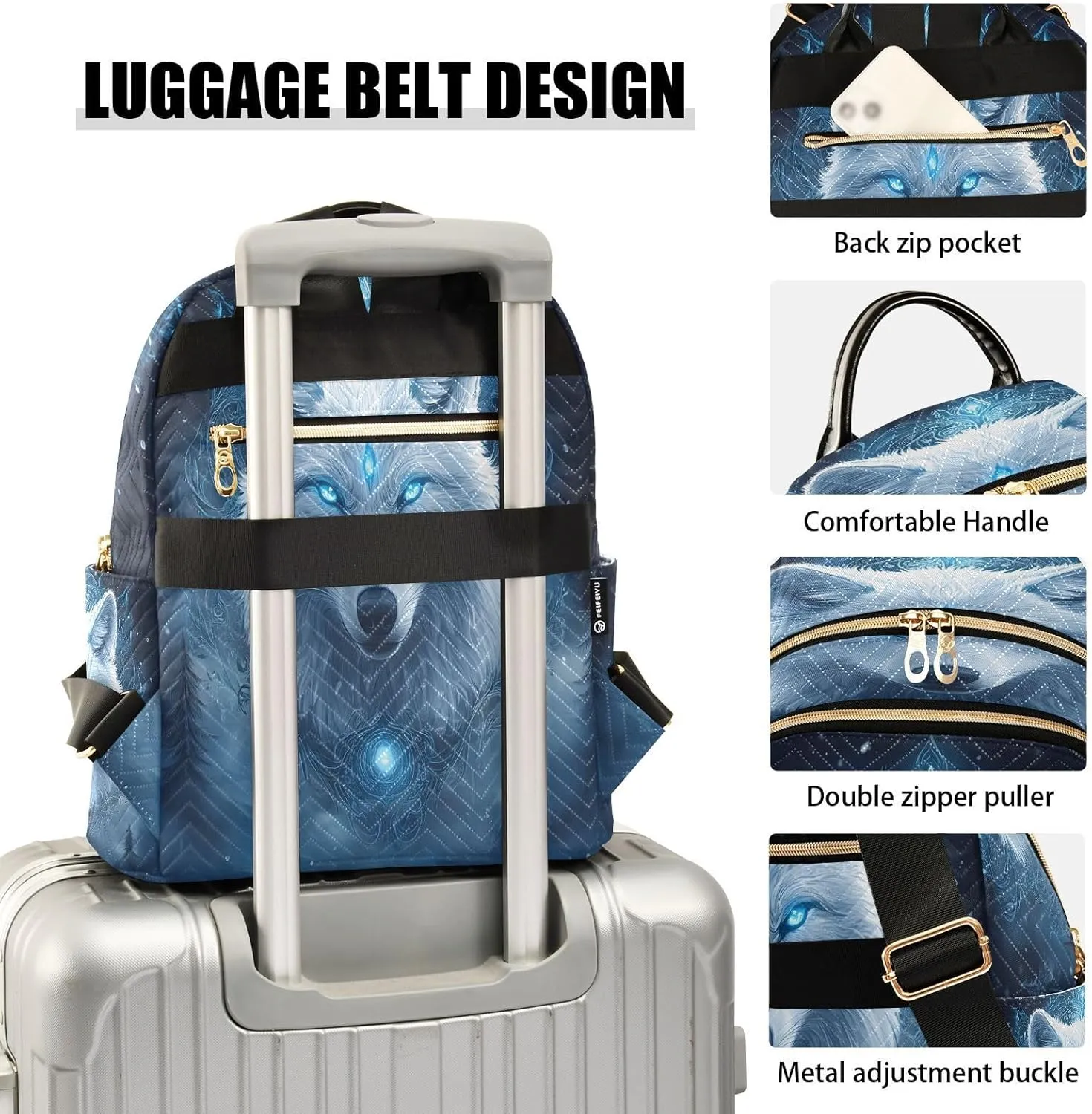 ALAZA Mini Backpack for Women Fantasy Blue Eyes Wolf Travel Backpack Purse for Ladies Handbag Shoulder Bag Casual Daypack, M
