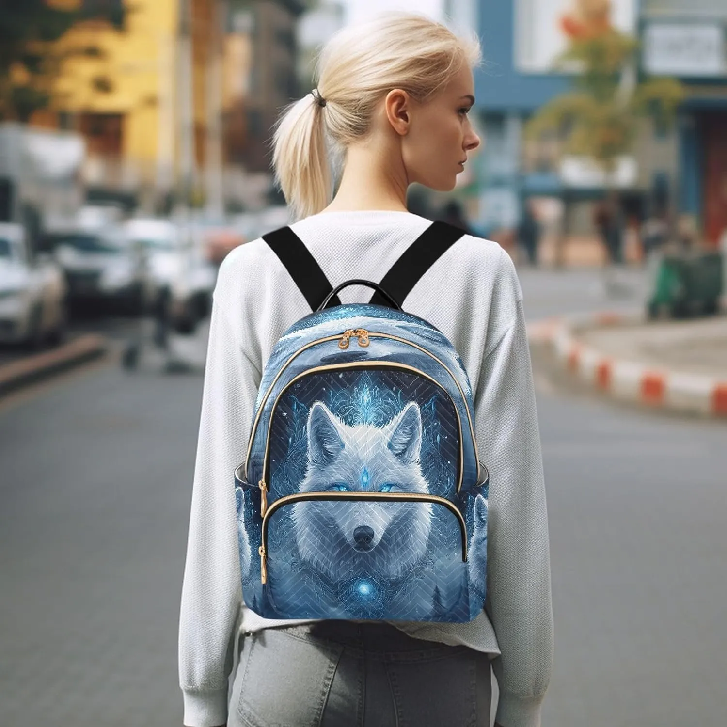 ALAZA Mini Backpack for Women Fantasy Blue Eyes Wolf Travel Backpack Purse for Ladies Handbag Shoulder Bag Casual Daypack, M