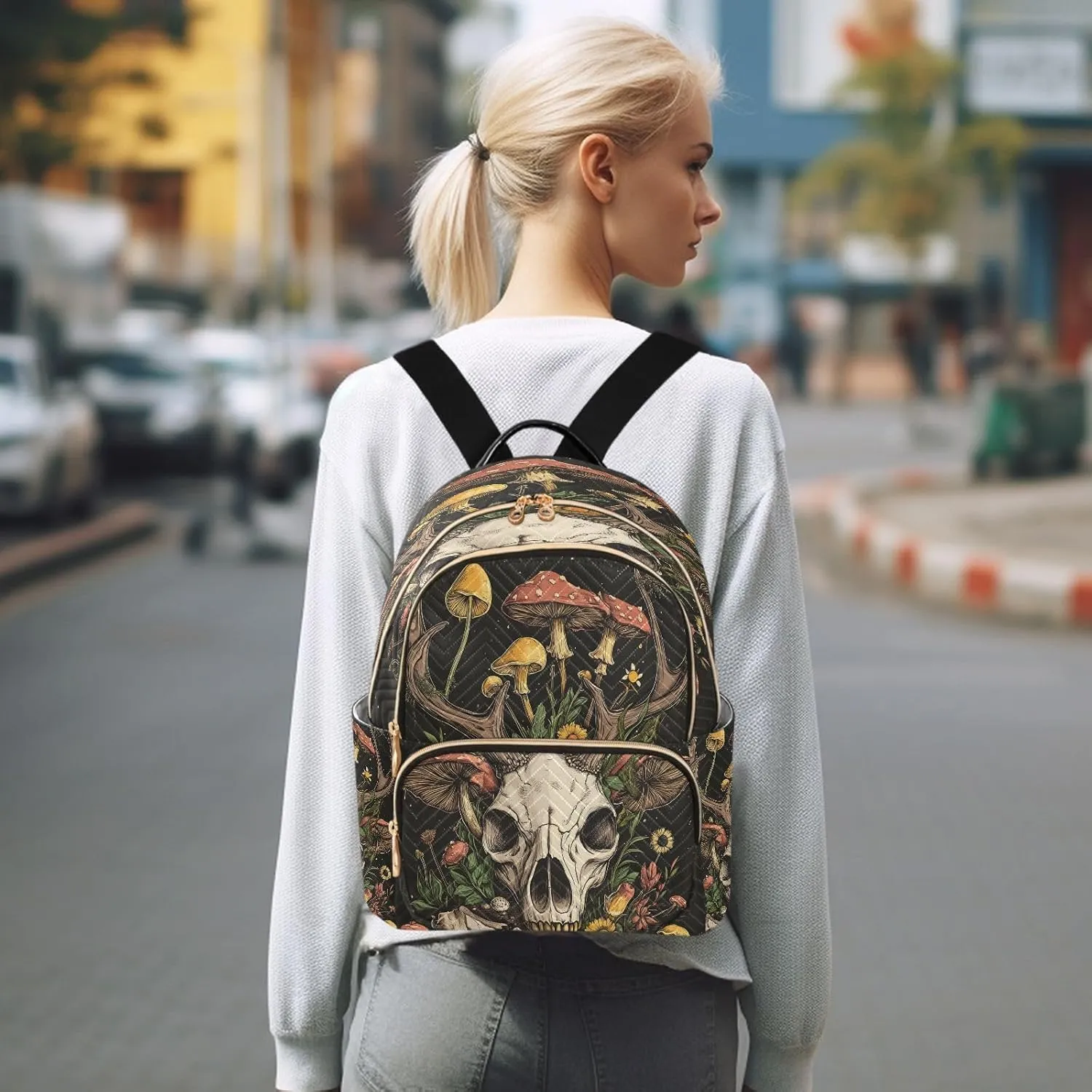ALAZA Mini Backpack for Women Goat Skull Mushroom Travel Backpack Purse for Ladies Handbag Shoulder Bag Casual Daypack, M