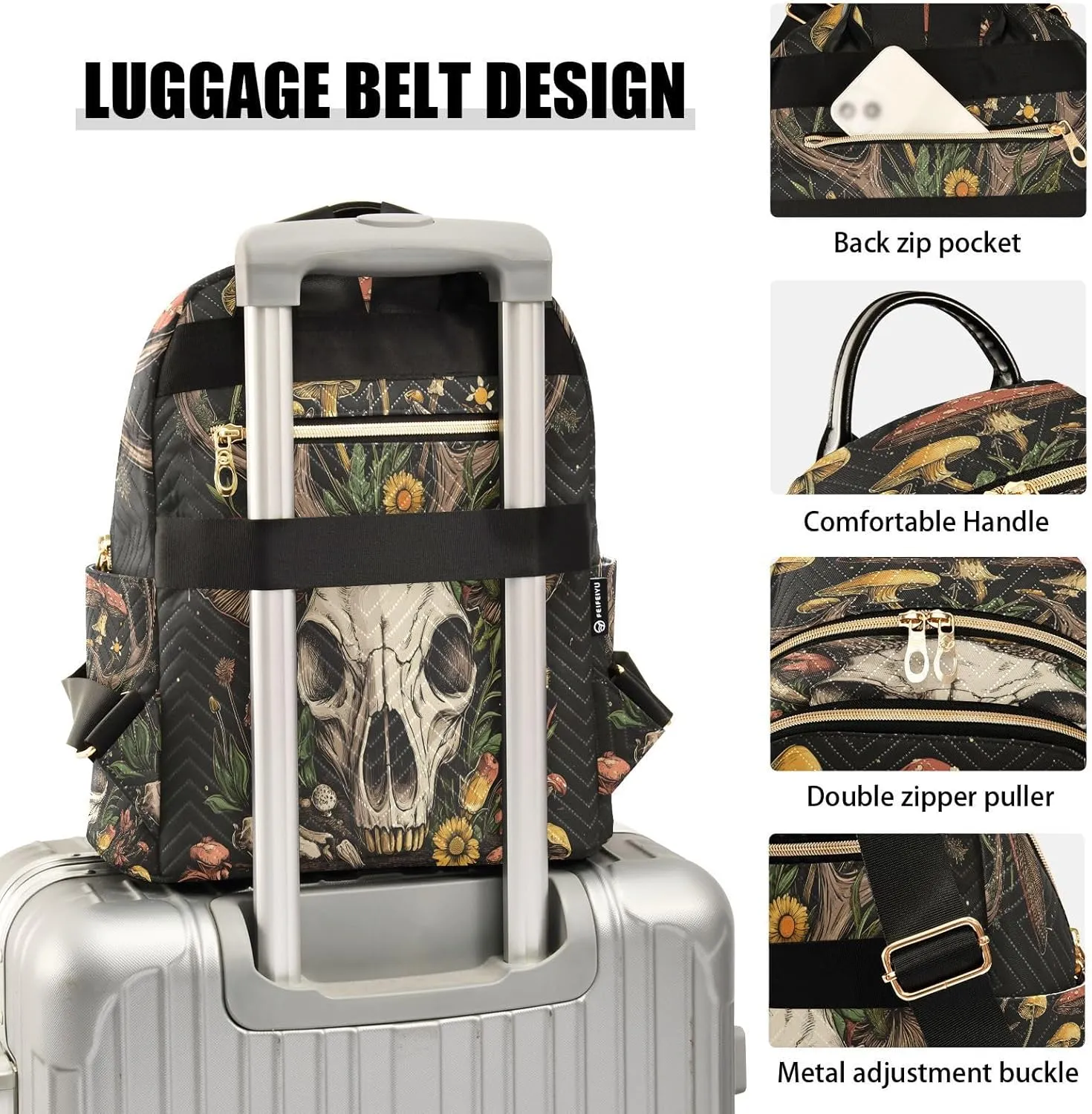 ALAZA Mini Backpack for Women Goat Skull Mushroom Travel Backpack Purse for Ladies Handbag Shoulder Bag Casual Daypack, M