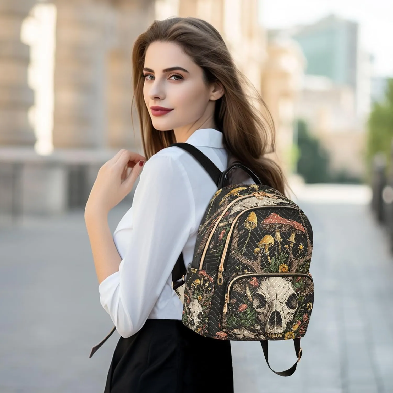 ALAZA Mini Backpack for Women Goat Skull Mushroom Travel Backpack Purse for Ladies Handbag Shoulder Bag Casual Daypack, M