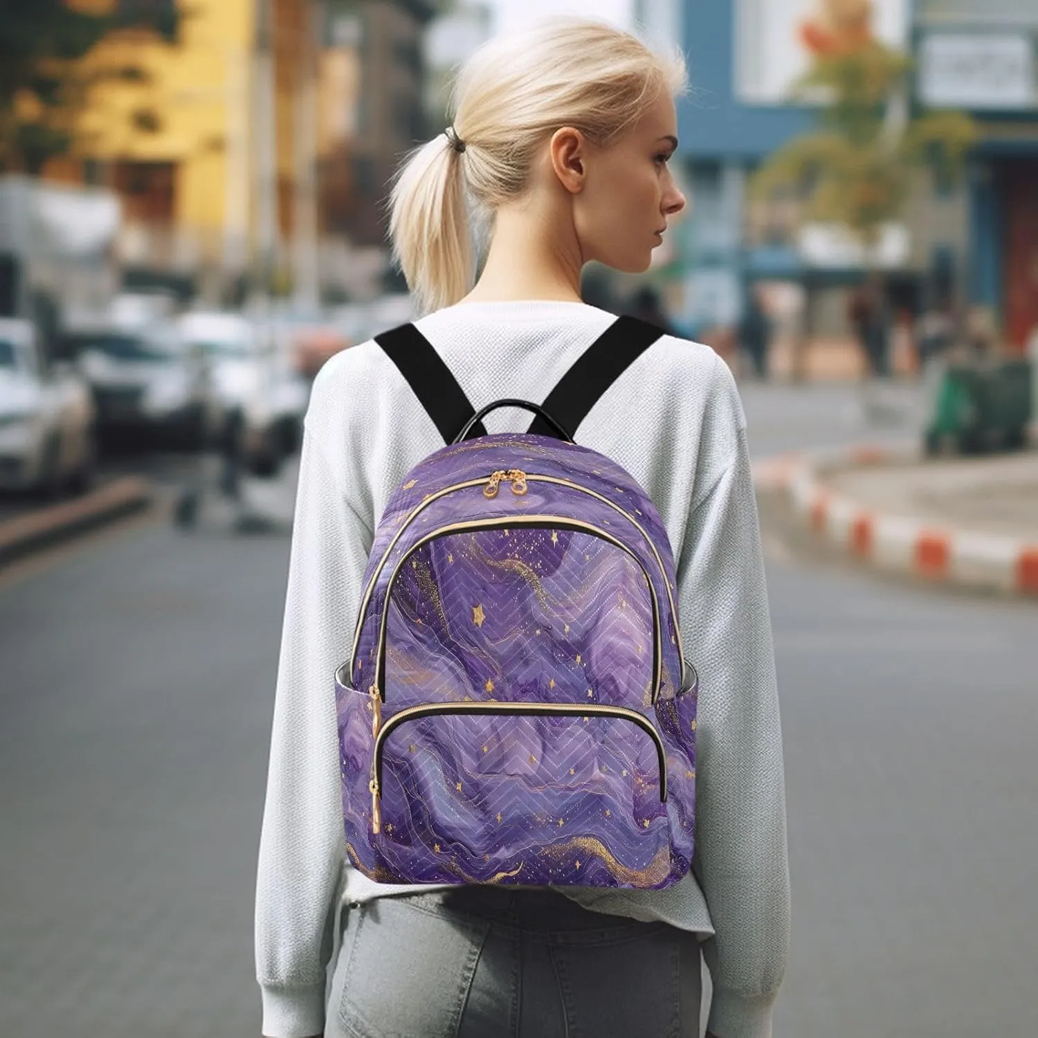 ALAZA Mini Backpack for Women Purple Dream Marble Travel Backpack Purse for Ladies Handbag Shoulder Bag Casual Daypack, M