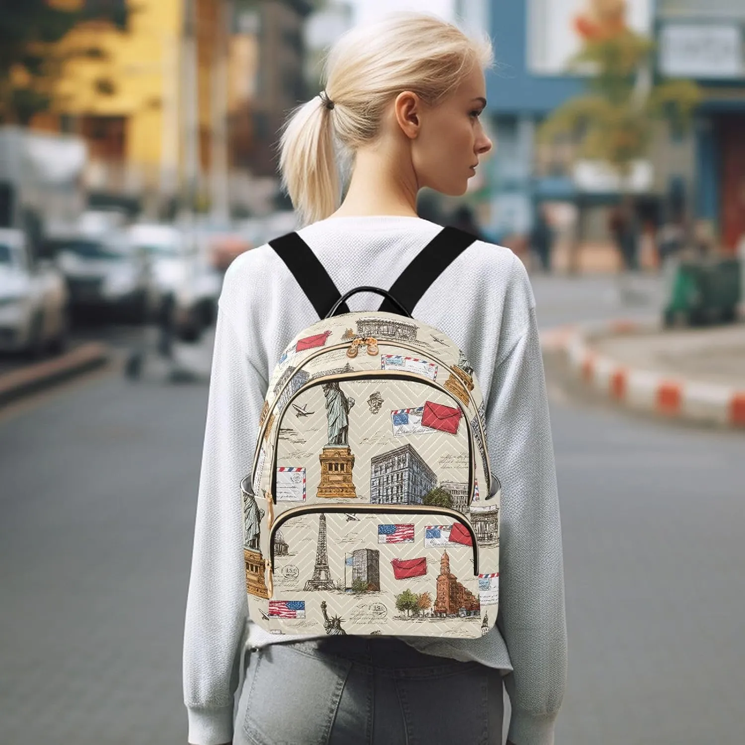 ALAZA Mini Backpack for Women Stamp Architecture Statue Of Liberty Travel Backpack Purse for Ladies Handbag Shoulder Bag Casual Daypack, M