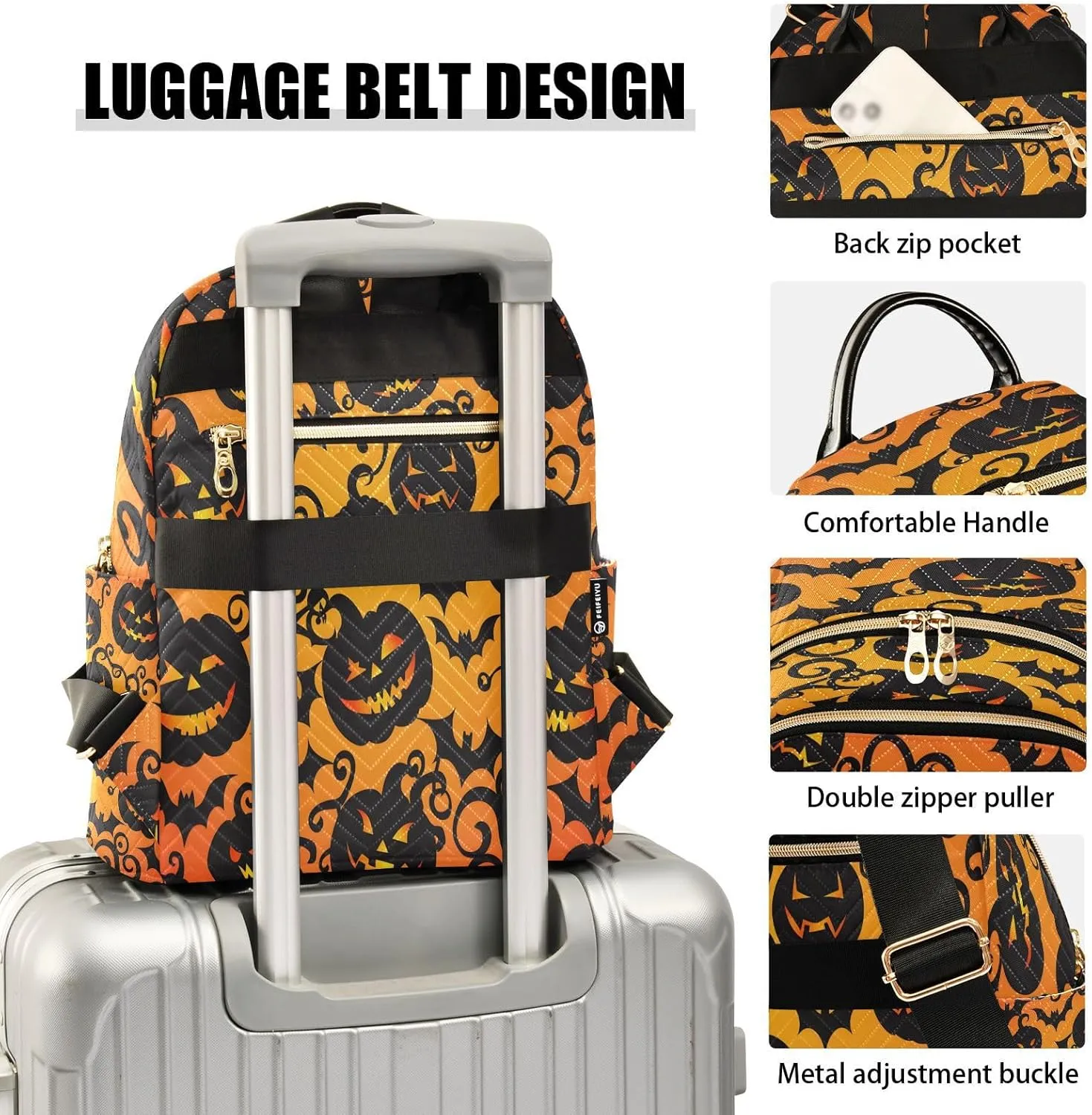 ALAZA Orange Pumpkin Bat Tree Halloween Women Backpack Purse Ladies Fashion Shoulder Bag Daypack Travel Bag 7.5L