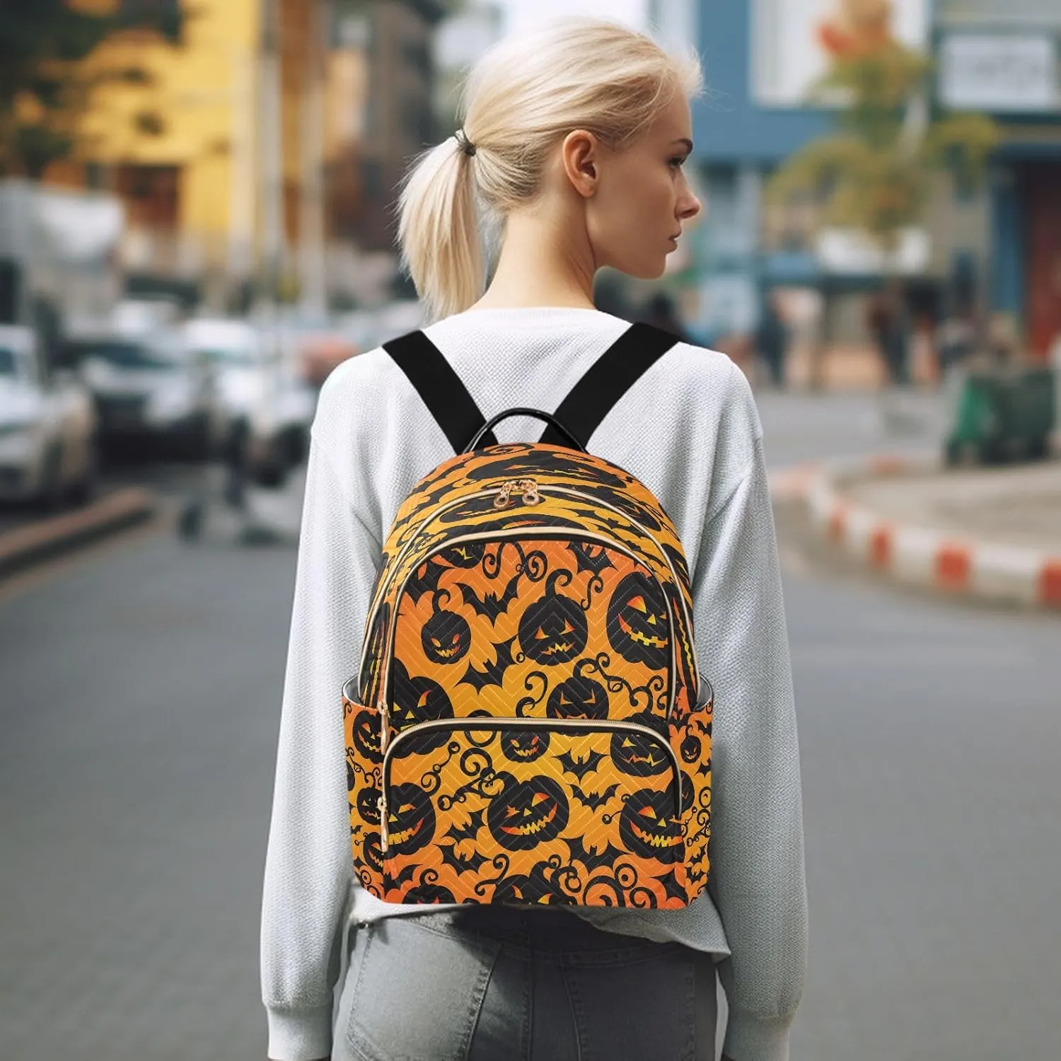 ALAZA Orange Pumpkin Bat Tree Halloween Women Backpack Purse Ladies Fashion Shoulder Bag Daypack Travel Bag 7.5L