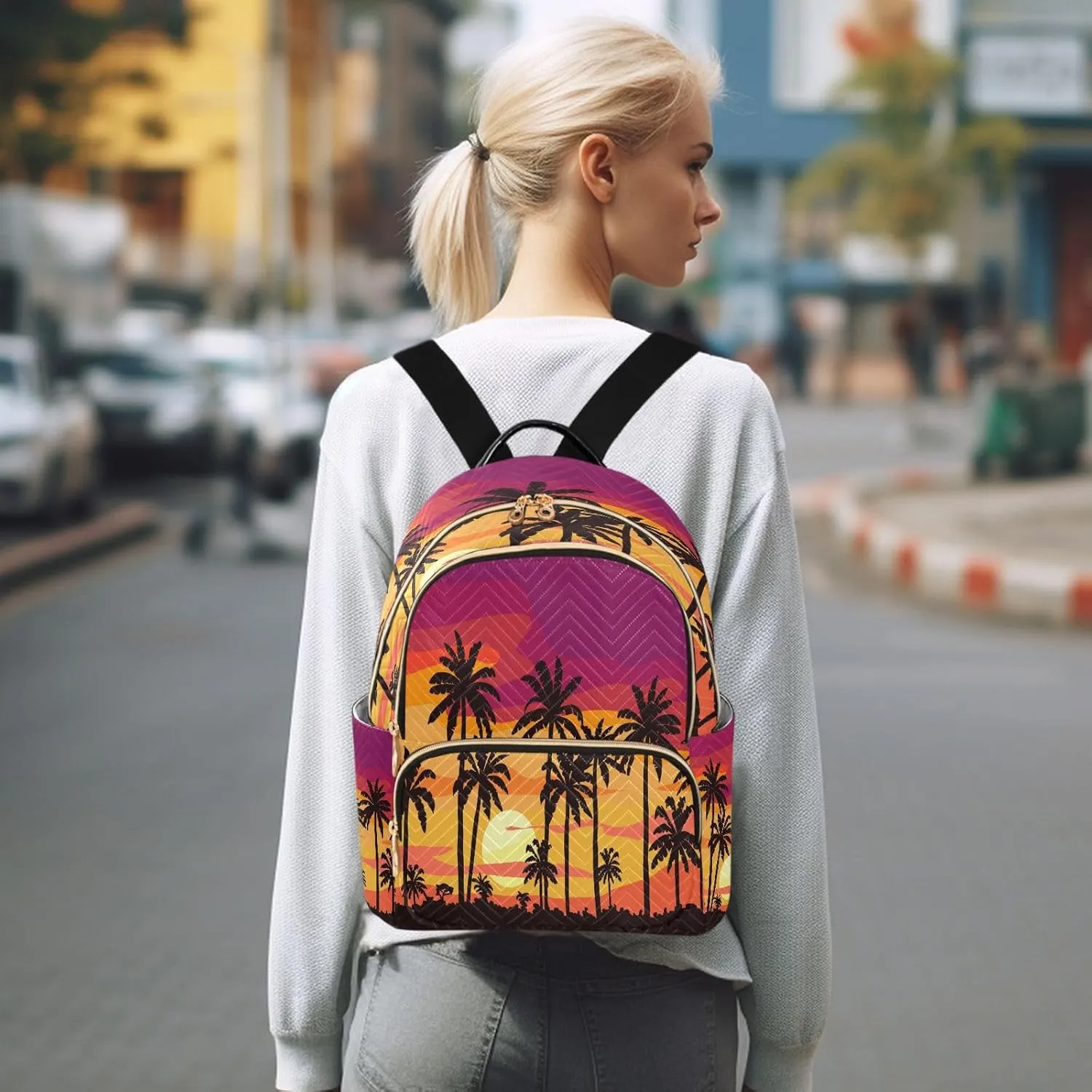 ALAZA Palm Trees Sunset Women Backpack Purse Ladies Fashion Shoulder Bag Daypack Travel Bag 7.5L