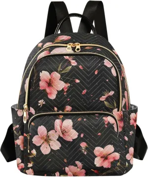 ALAZA Pink Cherry Blossoms on Black Small Backpack Purse for Women Travel Bag Lightweight Shoulder Bag Fashion Daypack