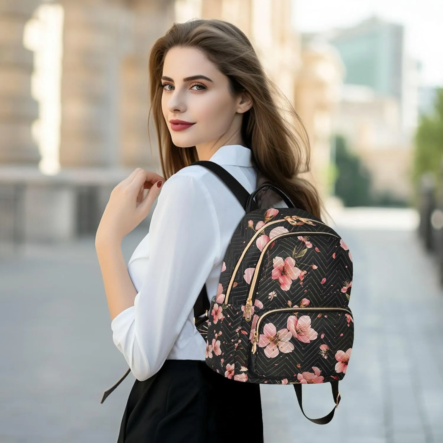ALAZA Pink Cherry Blossoms on Black Small Backpack Purse for Women Travel Bag Lightweight Shoulder Bag Fashion Daypack