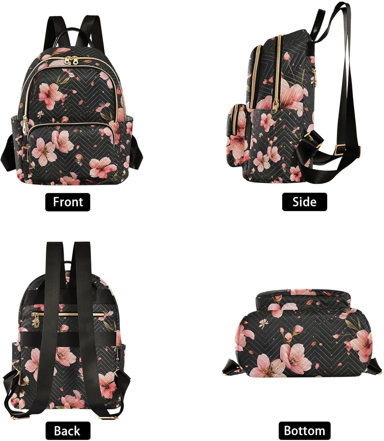 ALAZA Pink Cherry Blossoms on Black Small Backpack Purse for Women Travel Bag Lightweight Shoulder Bag Fashion Daypack