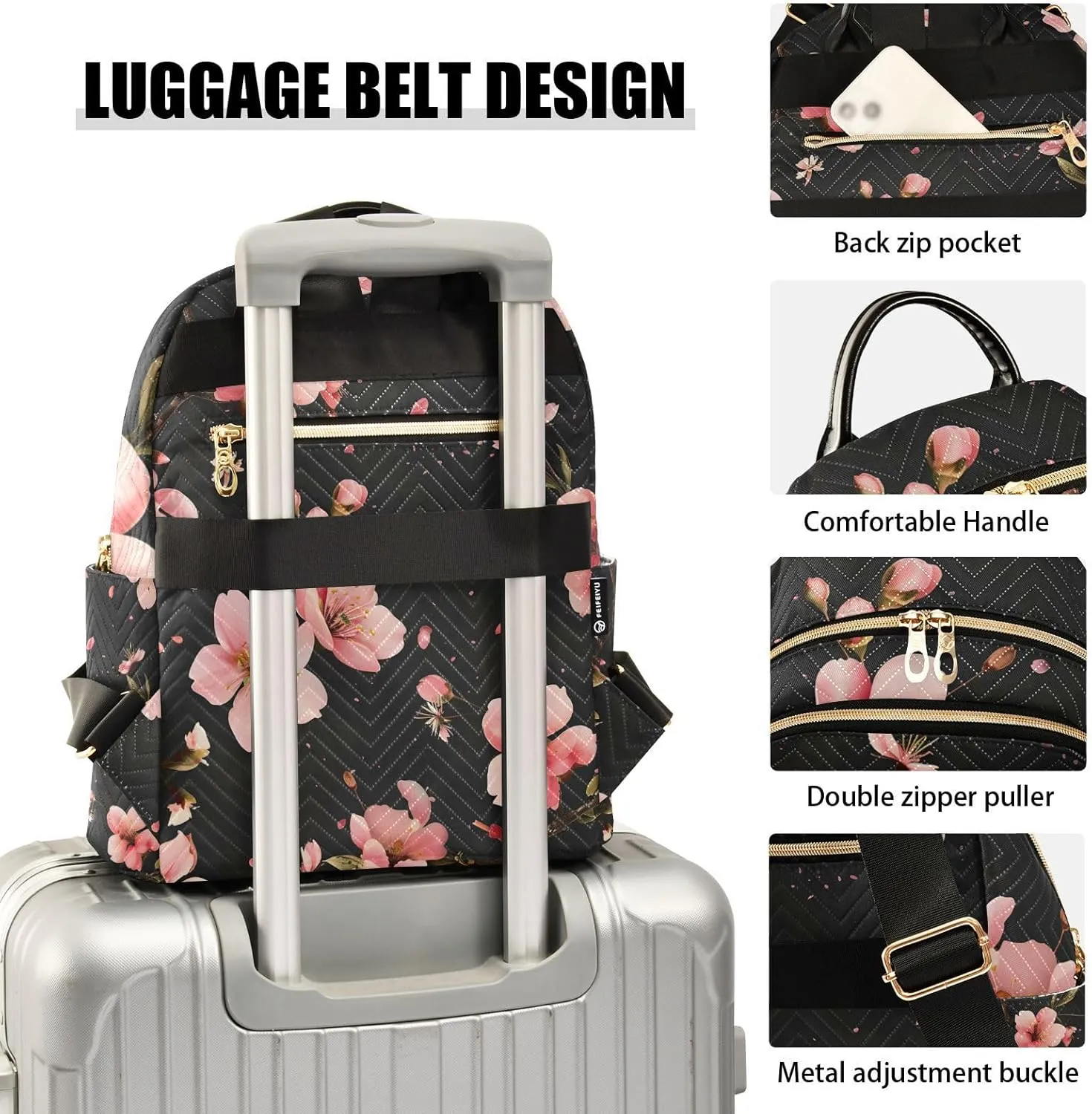 ALAZA Pink Cherry Blossoms on Black Small Backpack Purse for Women Travel Bag Lightweight Shoulder Bag Fashion Daypack