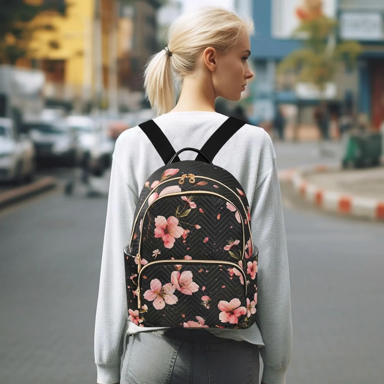 ALAZA Pink Cherry Blossoms on Black Small Backpack Purse for Women Travel Bag Lightweight Shoulder Bag Fashion Daypack