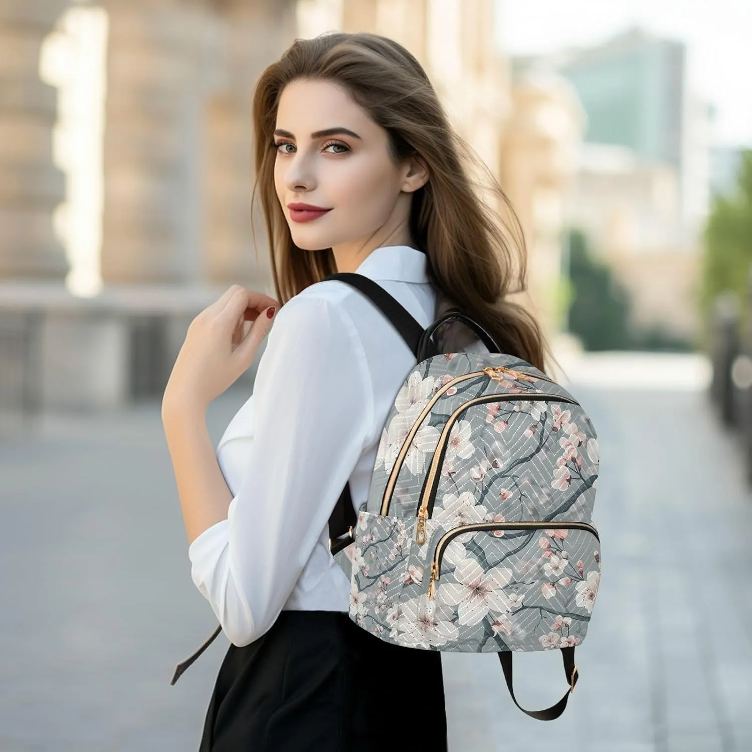ALAZA Pink White Cherry Blossoms Flowers Small Backpack Purse for Women Travel Bag Lightweight Shoulder Bag Fashion Daypack