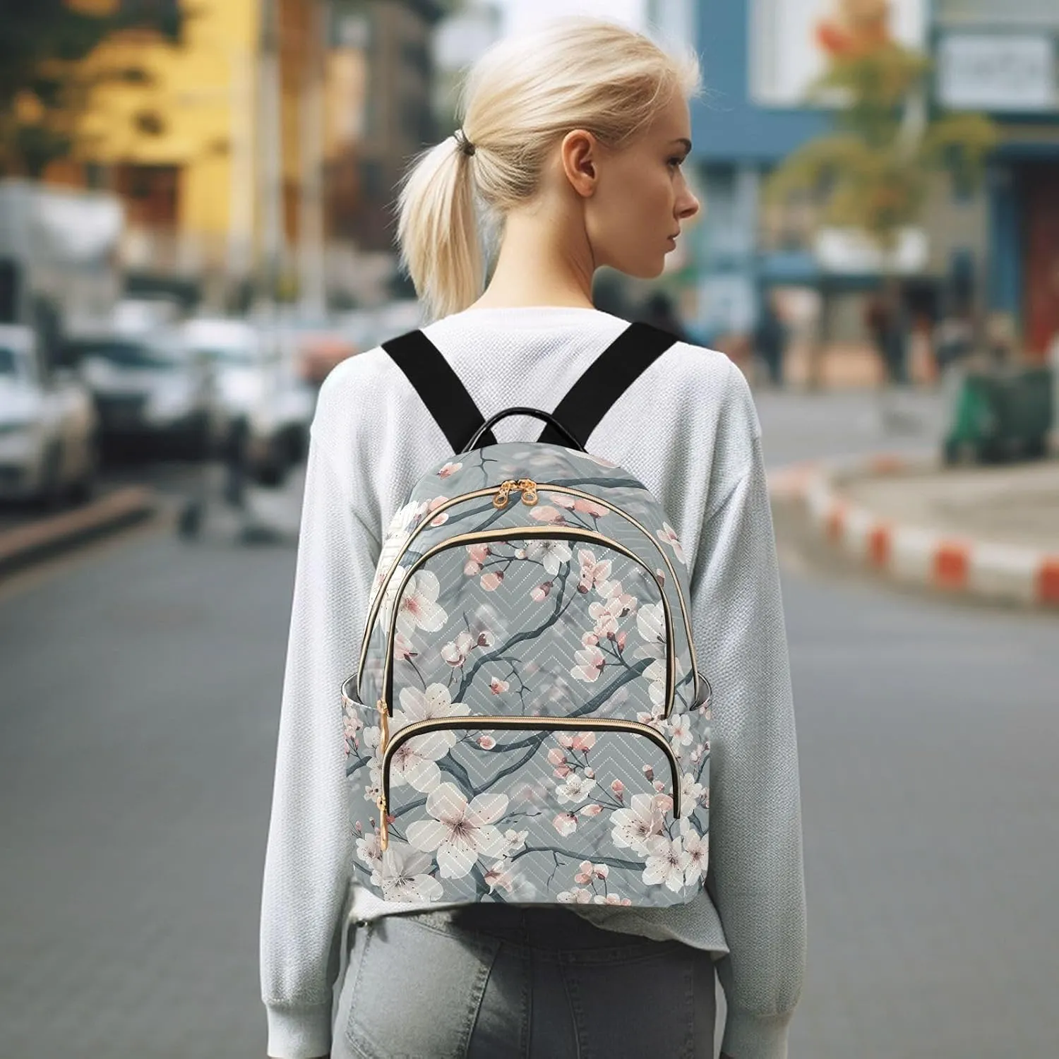 ALAZA Pink White Cherry Blossoms Flowers Small Backpack Purse for Women Travel Bag Lightweight Shoulder Bag Fashion Daypack