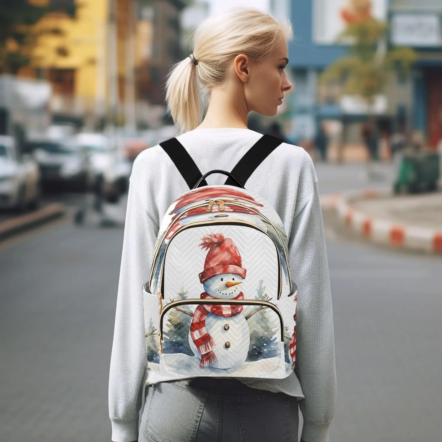 ALAZA Retro Snowman Pine Tree Snow Women Backpack Purse Ladies Fashion Shoulder Bag Daypack Travel Bag 10L
