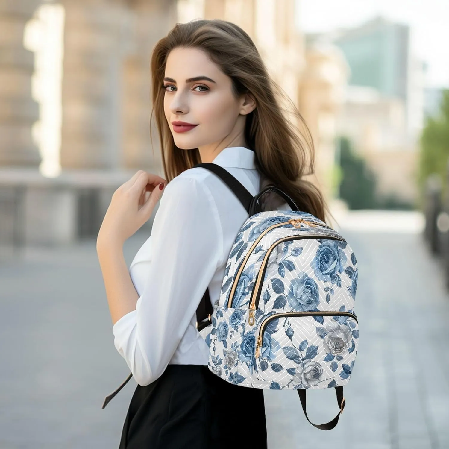 ALAZA Roses Flower Blue and White Mini Backpack Purse for Women Travel Bag Lightweight Shoulder Bag Fashion Daypack