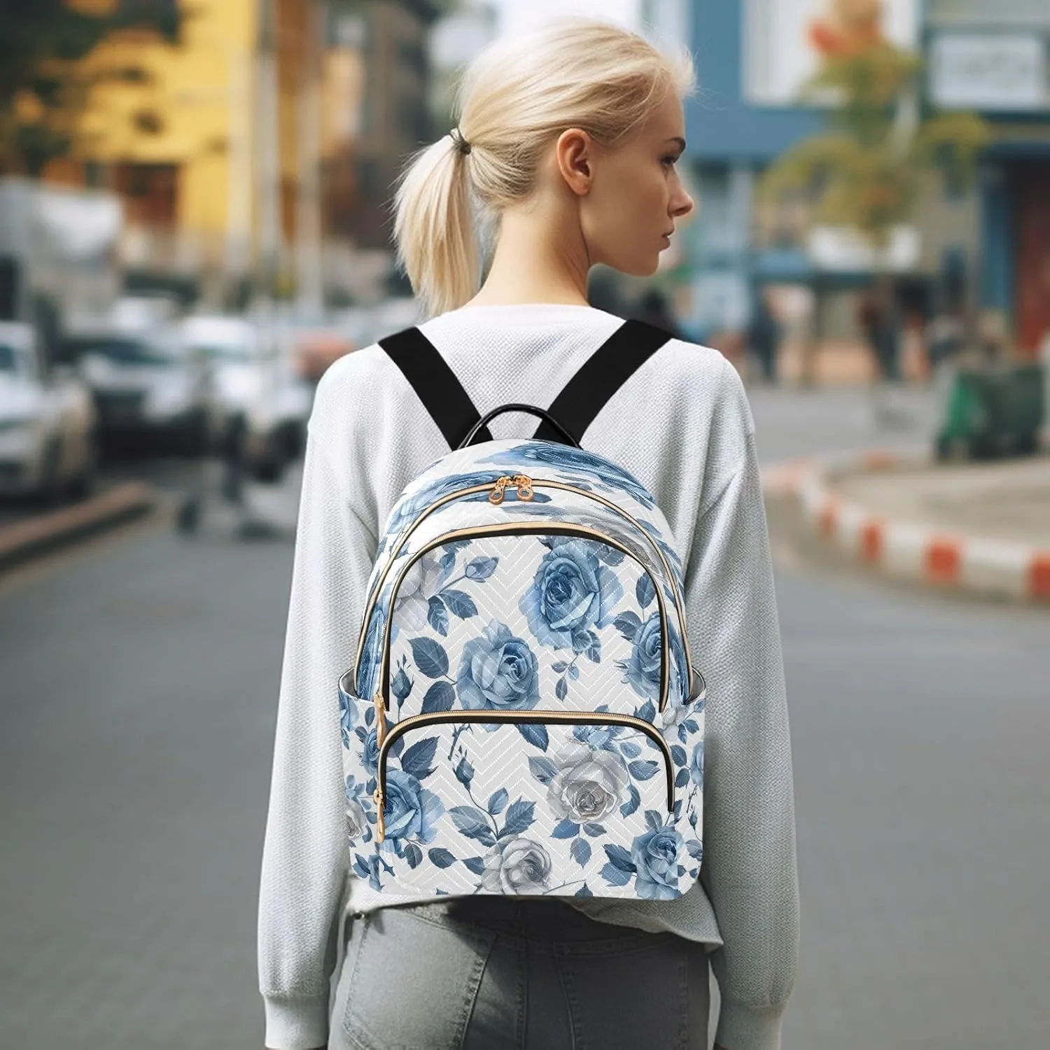 ALAZA Roses Flower Blue and White Mini Backpack Purse for Women Travel Bag Lightweight Shoulder Bag Fashion Daypack