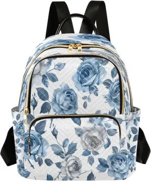 ALAZA Roses Flower Blue and White Mini Backpack Purse for Women Travel Bag Lightweight Shoulder Bag Fashion Daypack