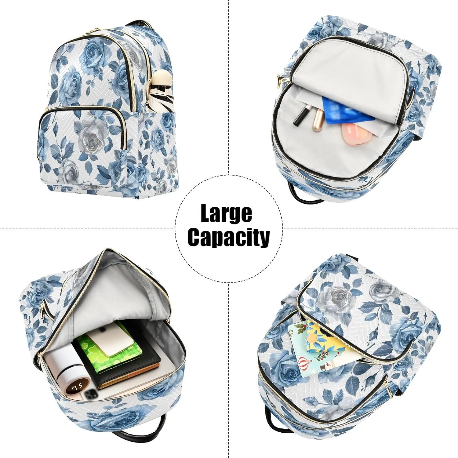 ALAZA Roses Flower Blue and White Mini Backpack Purse for Women Travel Bag Lightweight Shoulder Bag Fashion Daypack