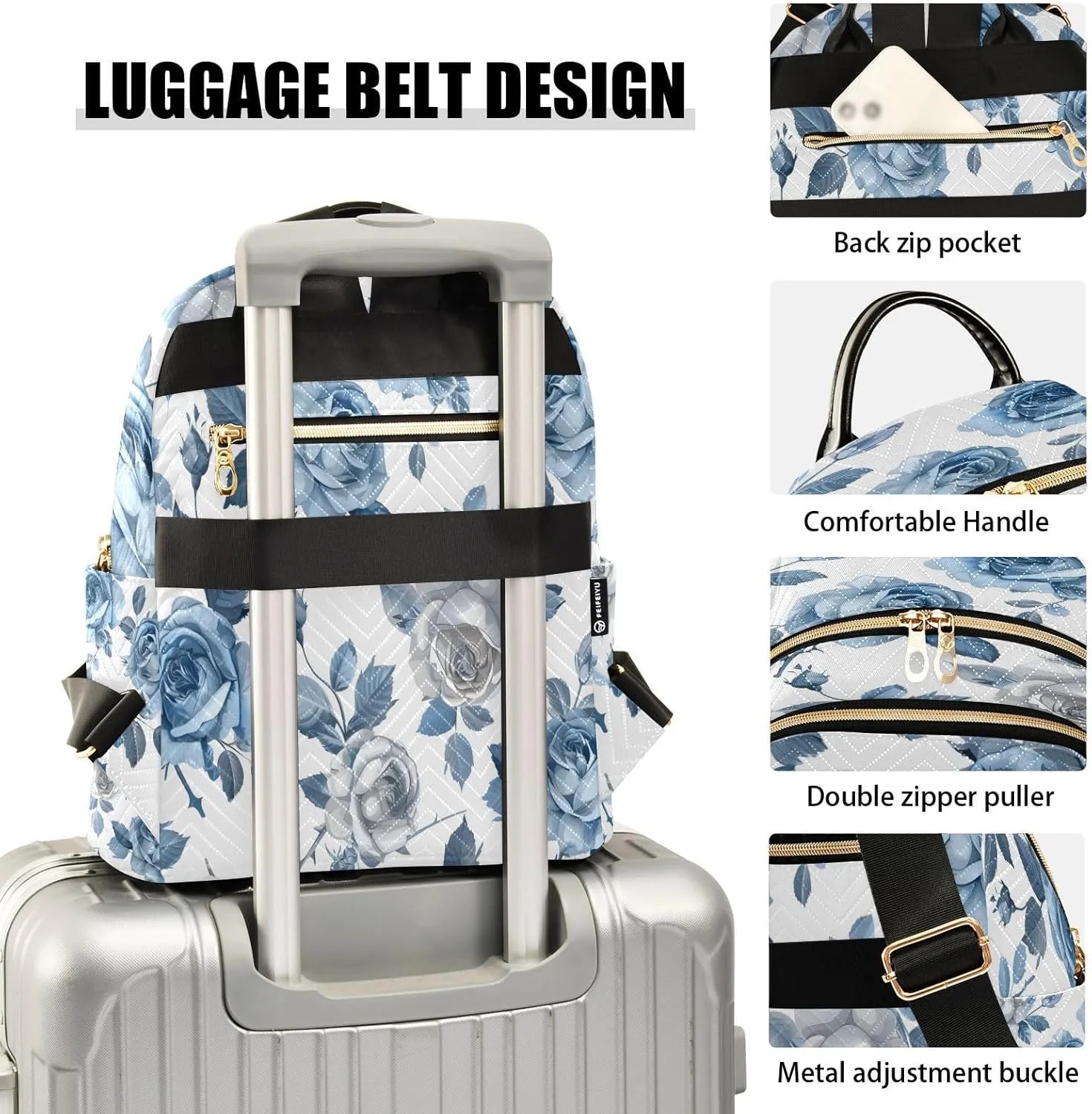 ALAZA Roses Flower Blue and White Mini Backpack Purse for Women Travel Bag Lightweight Shoulder Bag Fashion Daypack