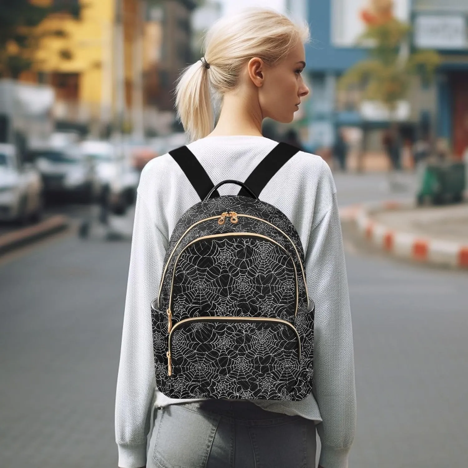 ALAZA Spider Web Black Halloween Women Backpack Purse Ladies Fashion Shoulder Bag Daypack Travel Bag 7.5L