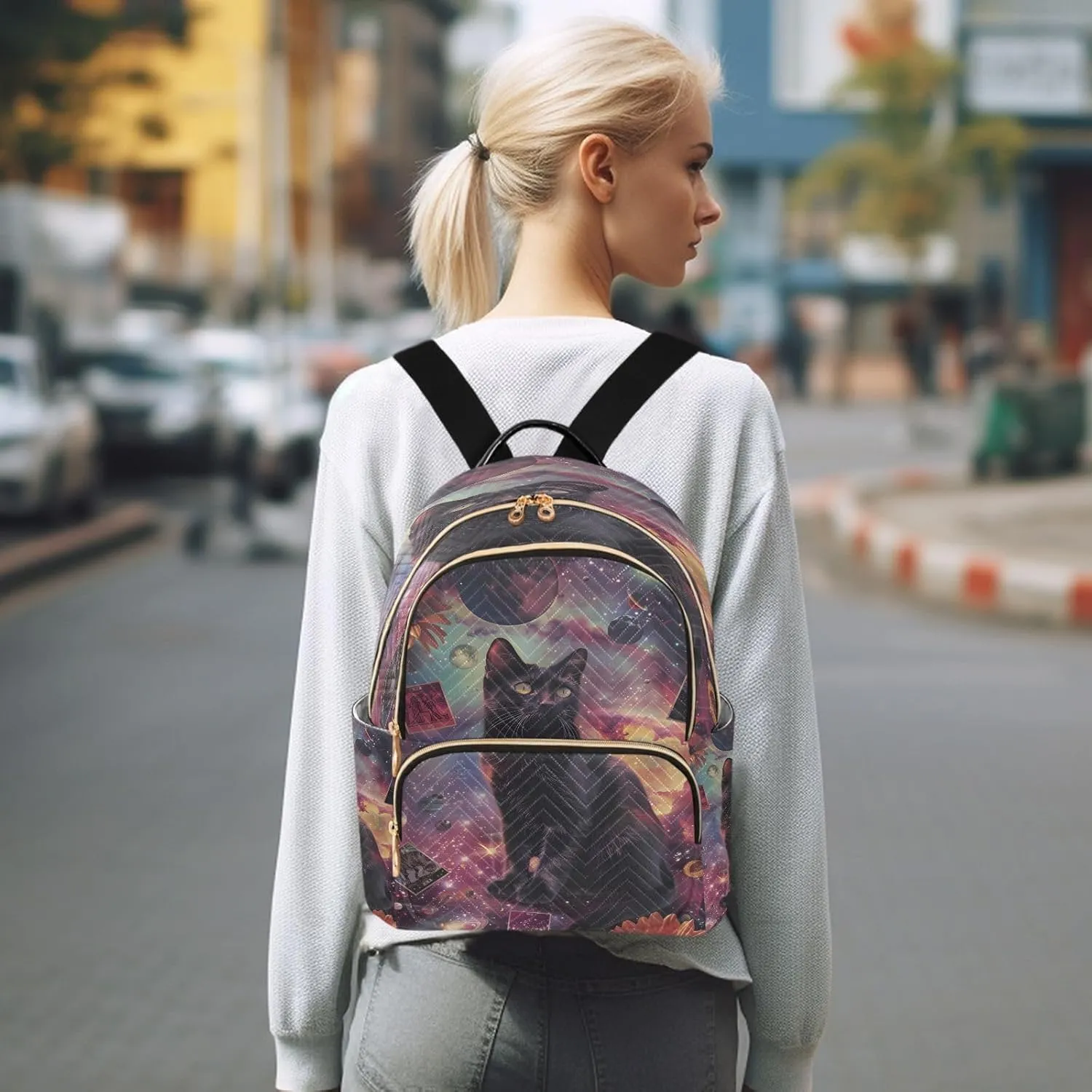 ALAZA Symbolize Black Cats Small Backpack for Women Fashion Backpack Purse Lightweight Casual Daypack Back Pack Travel Bag, S