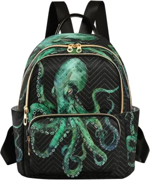 ALAZA Watercolor Green Octopus Black Women Backpack Purse Ladies Fashion Shoulder Bag Daypack Travel Bag 10L