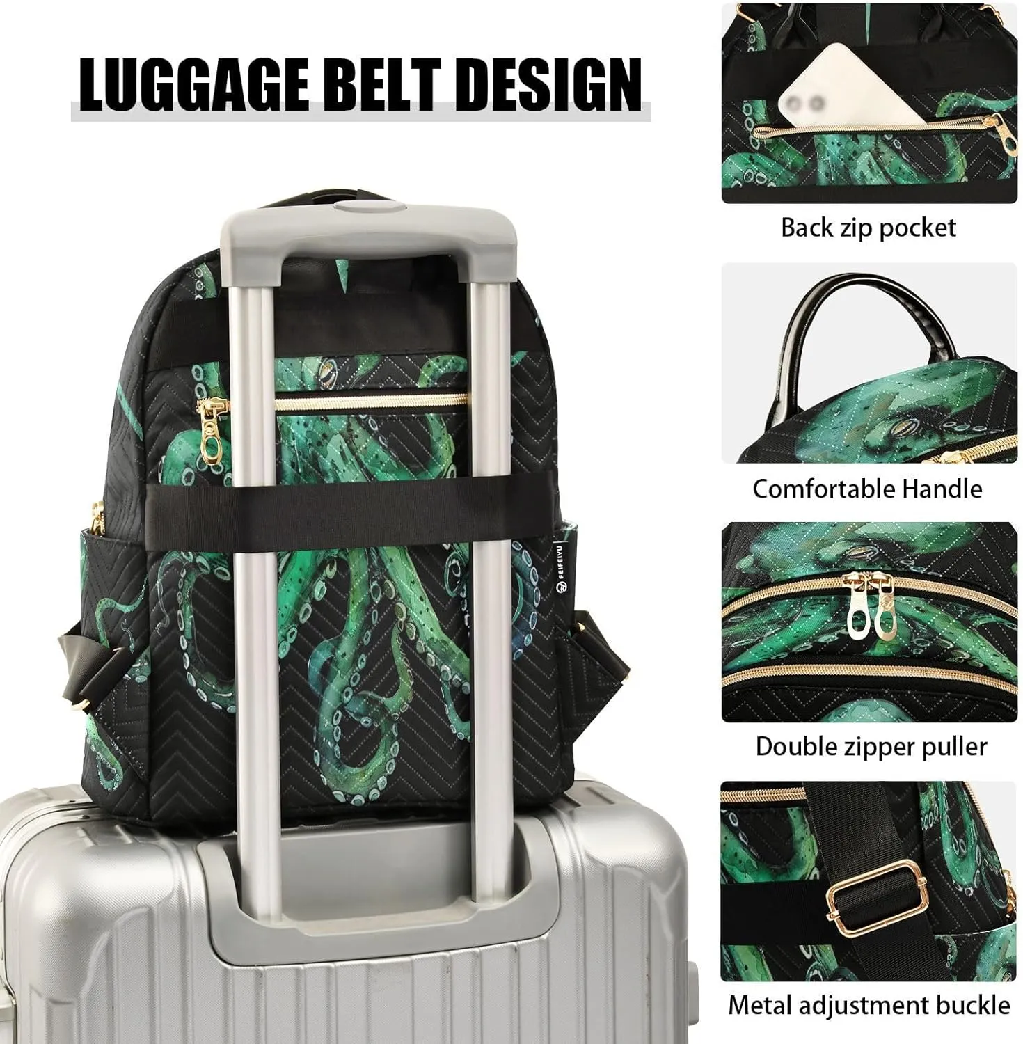 ALAZA Watercolor Green Octopus Black Women Backpack Purse Ladies Fashion Shoulder Bag Daypack Travel Bag 10L