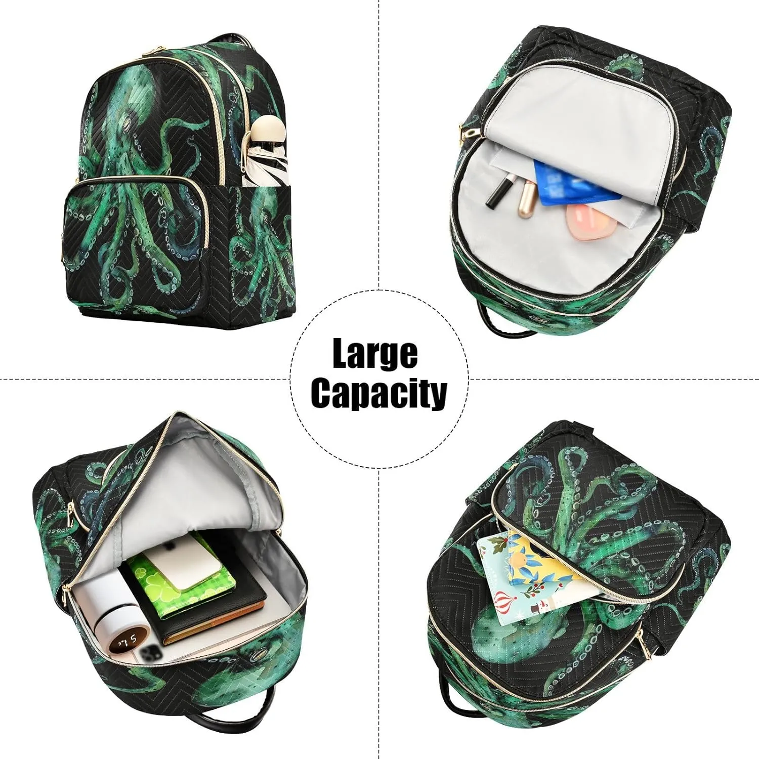 ALAZA Watercolor Green Octopus Black Women Backpack Purse Ladies Fashion Shoulder Bag Daypack Travel Bag 10L