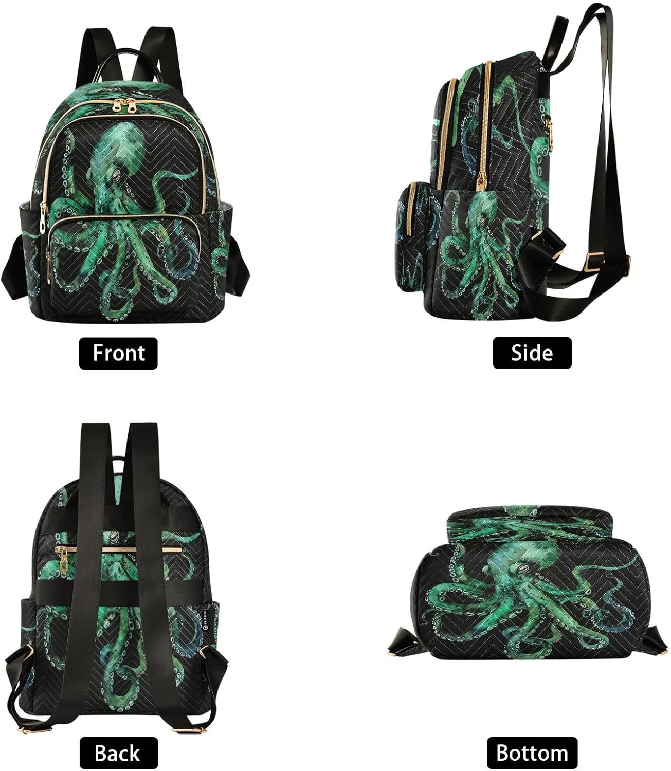 ALAZA Watercolor Green Octopus Black Women Backpack Purse Ladies Fashion Shoulder Bag Daypack Travel Bag 10L