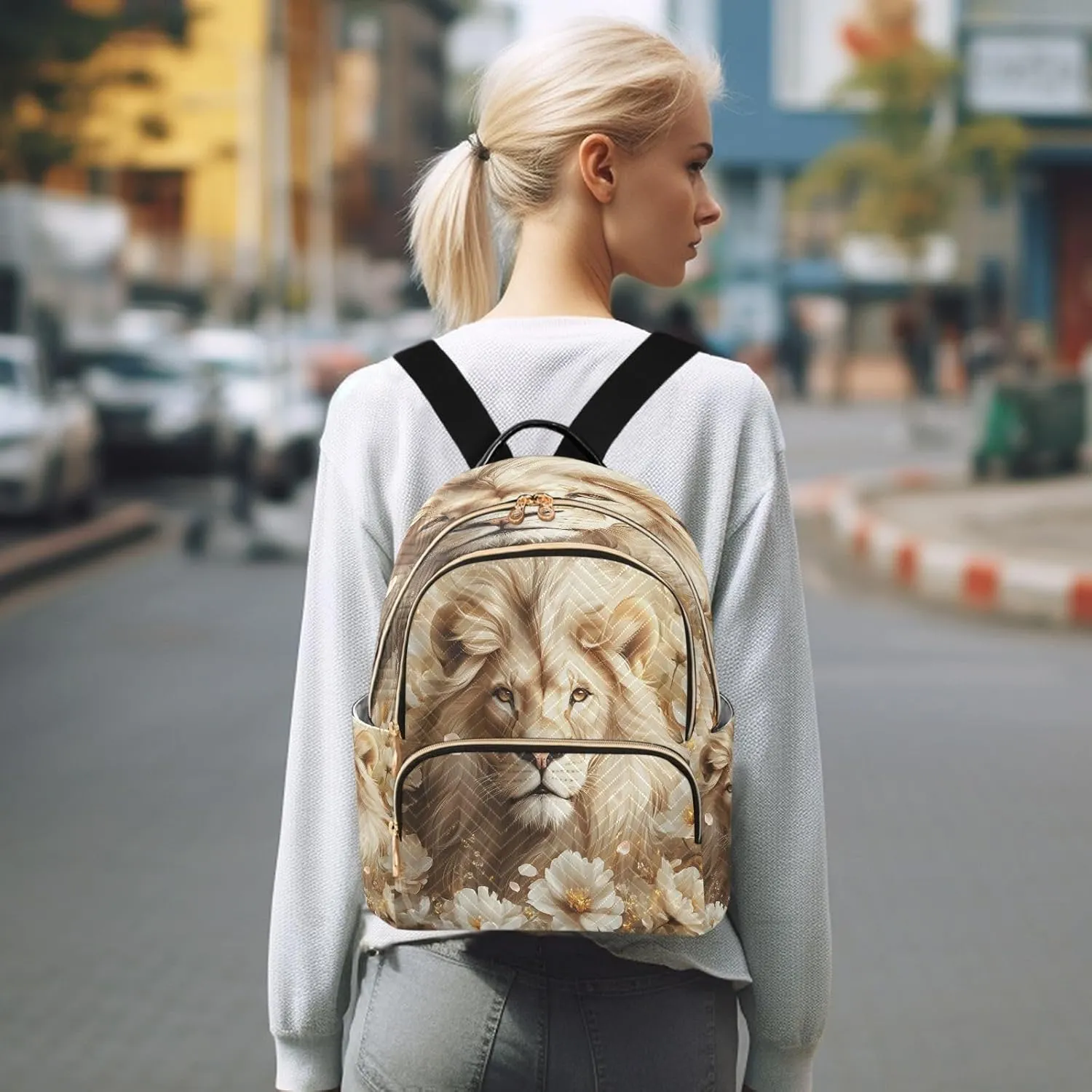 ALAZA White Lion Blossom Animal Women Backpack Purse Ladies Fashion Shoulder Bag Daypack Travel Bag 7.5L