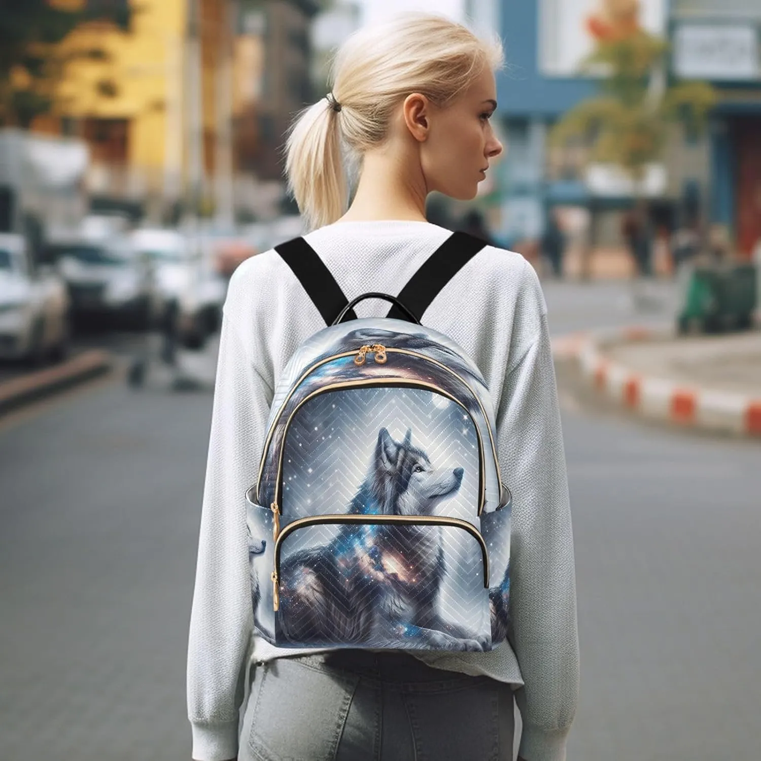 ALAZA Wolf Galaxy Nebula Landscape Women Backpack Purse Ladies Fashion Shoulder Bag Daypack Travel Bag 7.5L