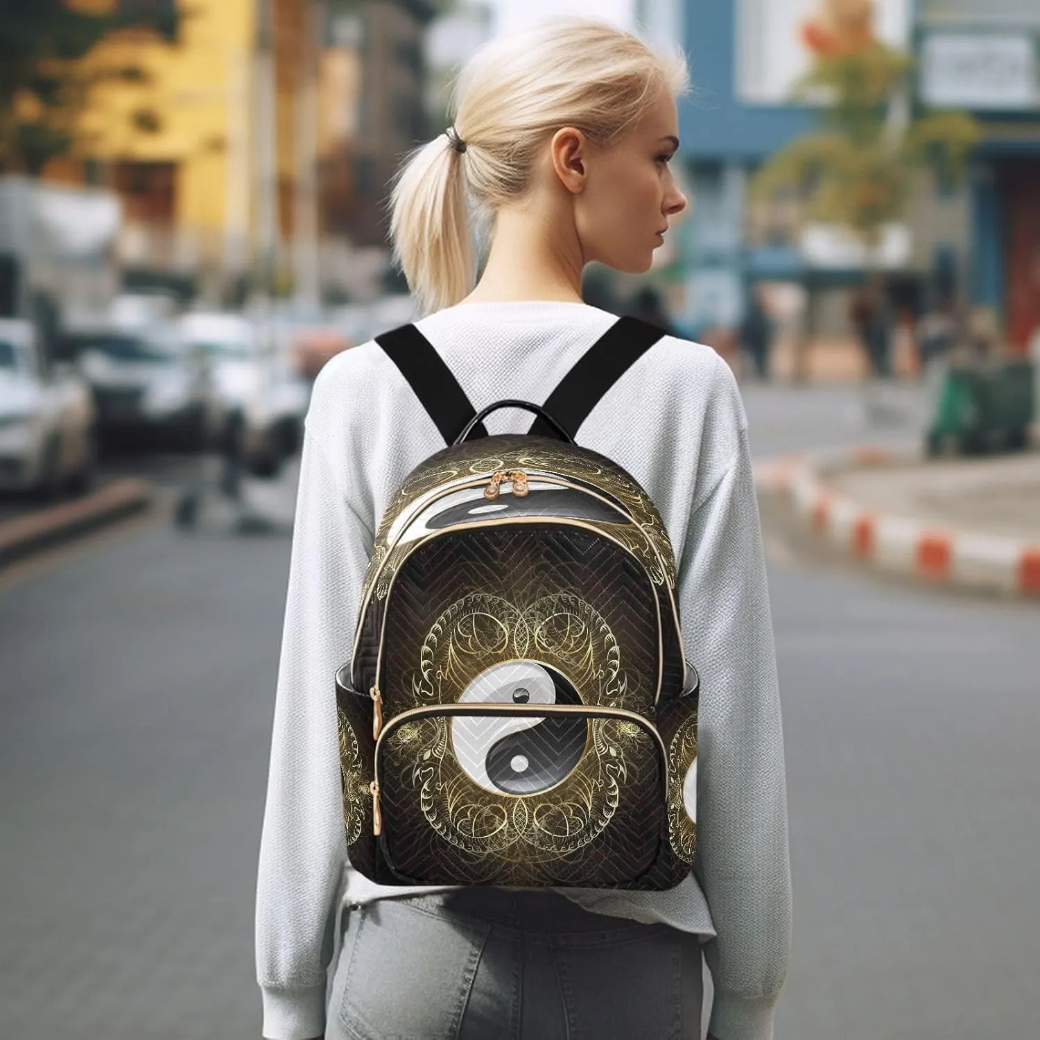 ALAZA Yin Yang Symbol Black Women Backpack Purse Ladies Fashion Shoulder Bag Daypack Travel Bag 10L