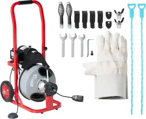 Albott 100 FT x 1/2 inch Drain Cleaner Machine, Auto Feed Electric Sewer Snake Auger with 10 Cutters & Air-activated Foot Switch for 1 to 4 Inch Pipes, Grey/Red